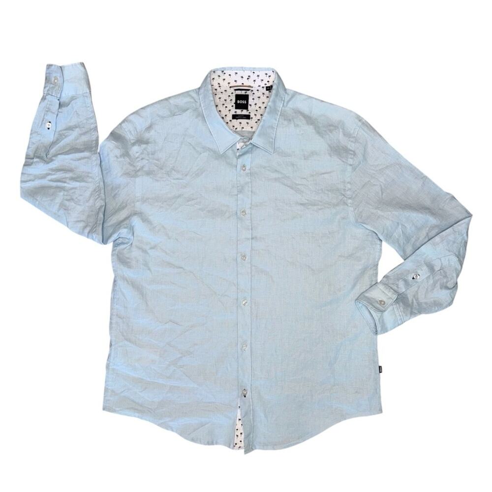 BOSS Men’s Light Blue Slim Fit Stretch Linen Long Sleeve Button Front Shirt